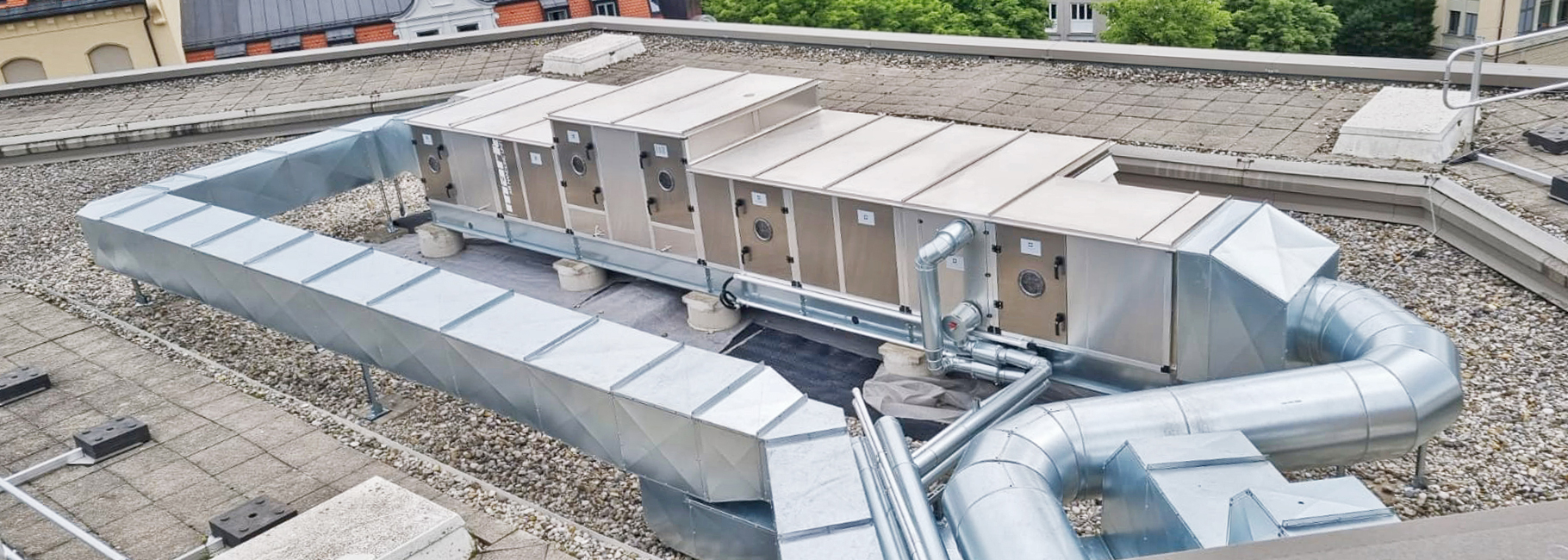 Mark air handling unit roof installation connected to air ducts