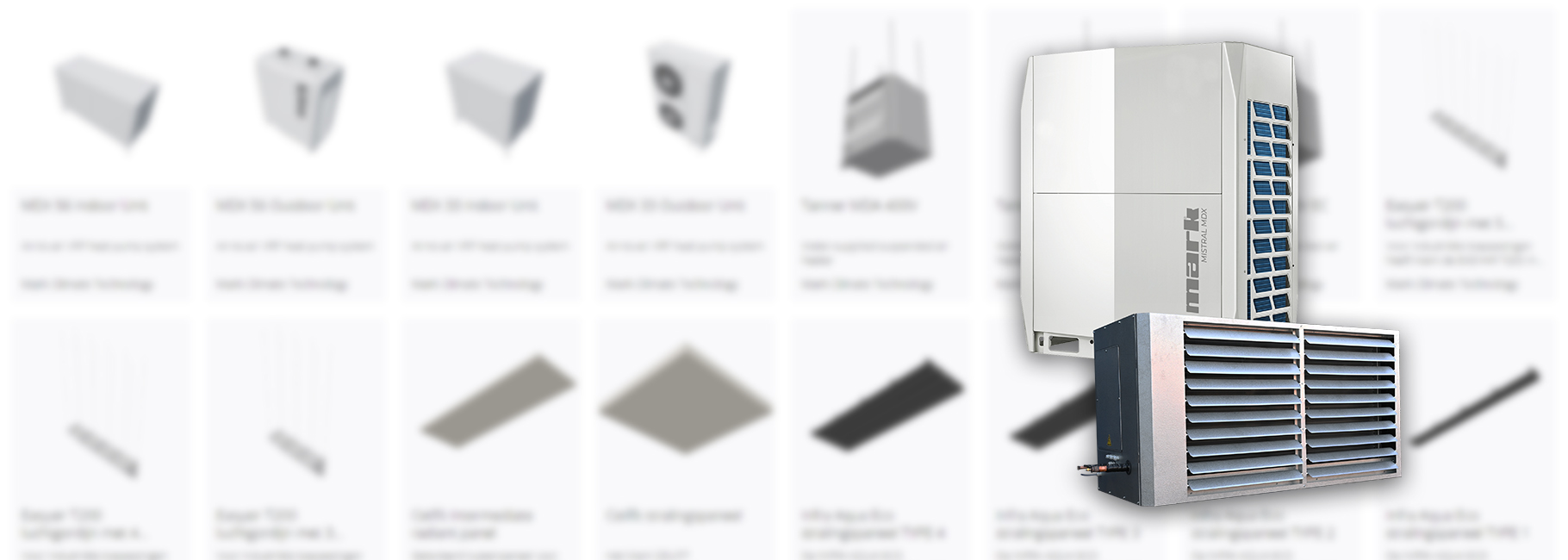 Mistral MDX heat pump system with blurred 3D models as background